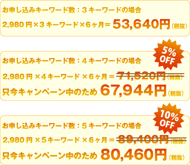 お申し込みキーワード数：3キーワードの場合2,980円×3キーワード×6ヶ月＝53,640円（税抜）お申し込みキーワード数：4キーワードの場合2,980円×4キーワード×6ヶ月＝71,520円（税抜）只今キャンペーン中のため67,944円（税抜）お申し込みキーワード数：5キーワードの場合2,980円×5キーワード×6ヶ月＝89,400円（税抜）只今キャンペーン中のため80,460円（税抜）