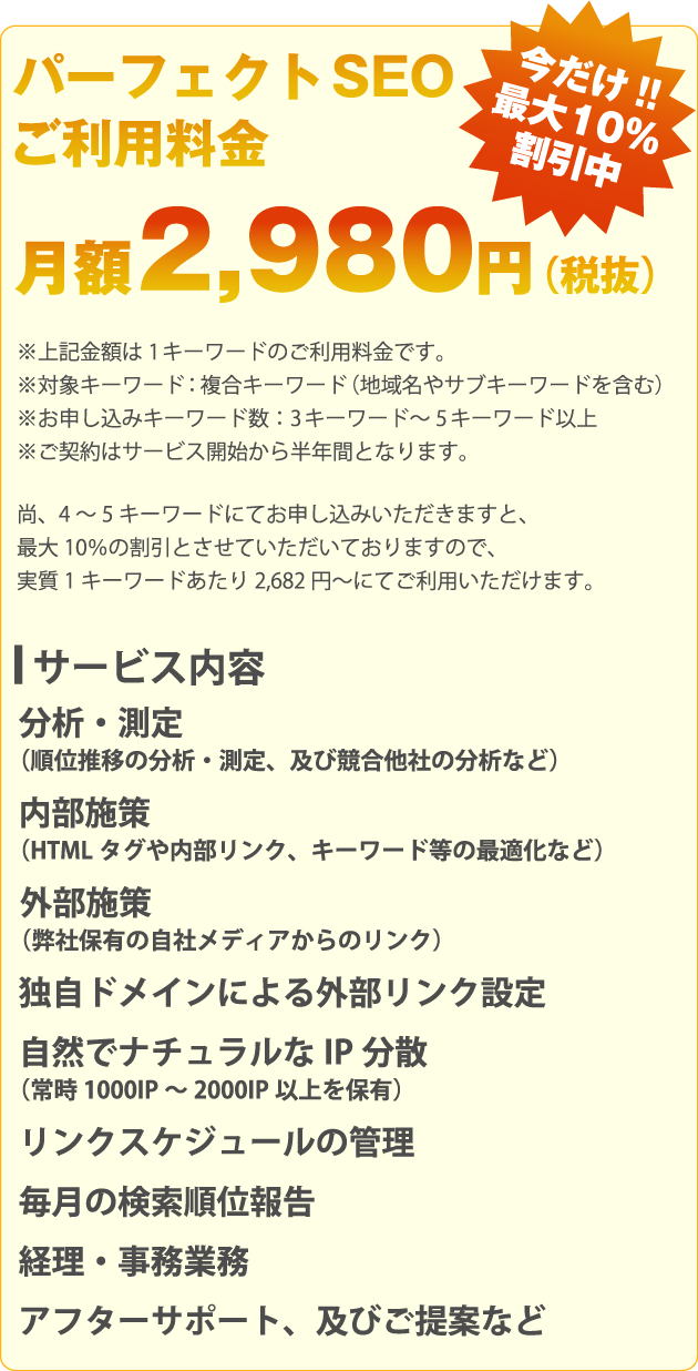 パーフェクトSEOご利用料金月額2,980円(税抜)※上記金額は1キーワードのご利用料金です。※対象キーワード:複合キーワード(地域名やサブキーワードを含む)※お申し込みキーワード数:3キーワード~5キーワード以上※ご契約はサービス開始から半年間となります。尚、4~5キーワードにてお申し込みいただきますと、最大10%の割引とさせていただいておりますので、実質1キーワードあたり2,682円~にてご利用いただけます。サービス内容分析・測定(順位推移の分析・測定、及び競合他社の分析など)内部施策(HTMLタグや内部リンク、キーワード等の最適化など)外部施策(弊社保有の自社メディアからのリンク)独自ドメインによる外部リンク設定自然でナチュラルなIP分散(常時1000IP~2000IP以上を保有)リンクスケジュールの管理毎月の検索順位報告経理・事務業務アフターサポート、及びご提案など